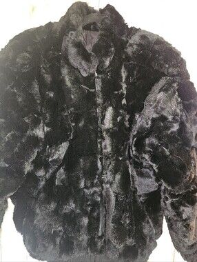 Vintage Black Genuine Rabbit Fur Bomber Jacket Women's Luxe Zip Coat